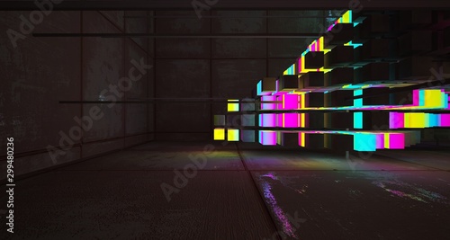 Abstract architectural rusted metal interior from an array of concrete cubes with color gradient neon lighting. 3D illustration and rendering.