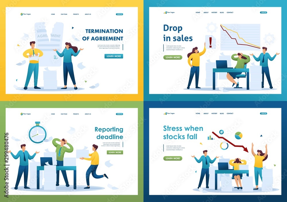 Set Flat 2D concepts Drop in sales, Reporting deadline, Stress when stocks fall, Termination of agreement. For Landing page concepts and web design Set Flat 2D concepts Drop in sales, Reporting deadline, Stress when stocks fall, Termination of agreement. For Landing page concepts and web design