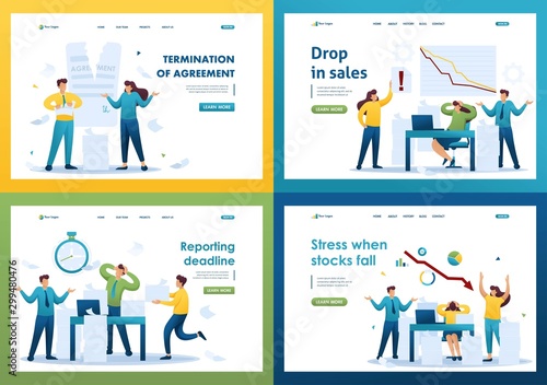 Set Flat 2D concepts Drop in sales, Reporting deadline, Stress when stocks fall, Termination of agreement. For Landing page concepts and web design