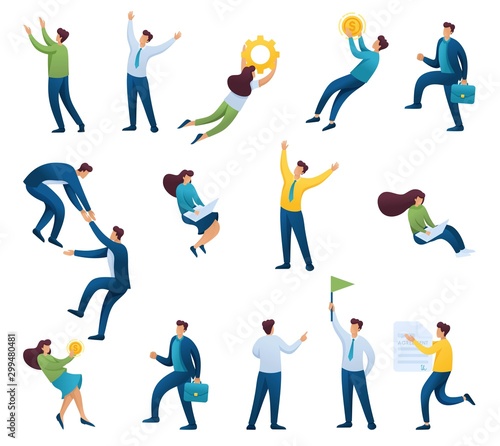 Set Young business characters, businessmen, flight, working at the computer. Flat 2D characters. For Concept for web design