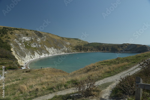 View over Lulworth Cove rock formations and strata on the Dorset coast