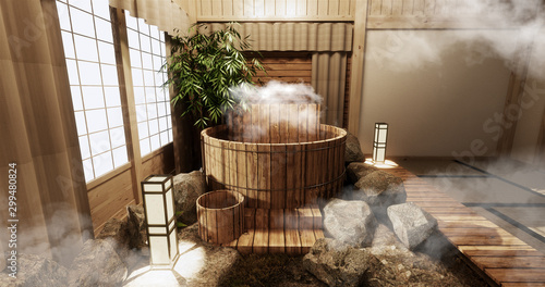 Onsen room interior with wooden bath and decoration wooden japanese style.3D rendering
