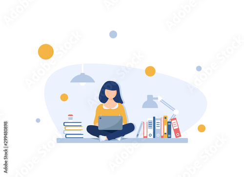 Freelance concept, Girl freelancer on outdoor working with laptop with wireless connection