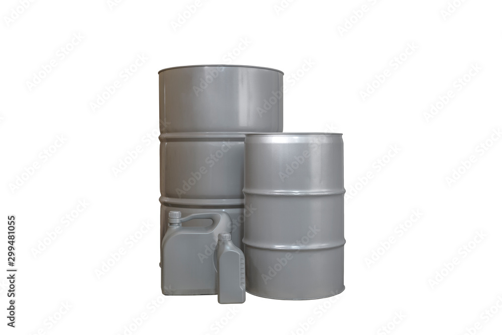 Barrel of oil on a white background. Container for engine oil of different sizes. Barrel of oil on a white background. Container for engine oil of different sizes.