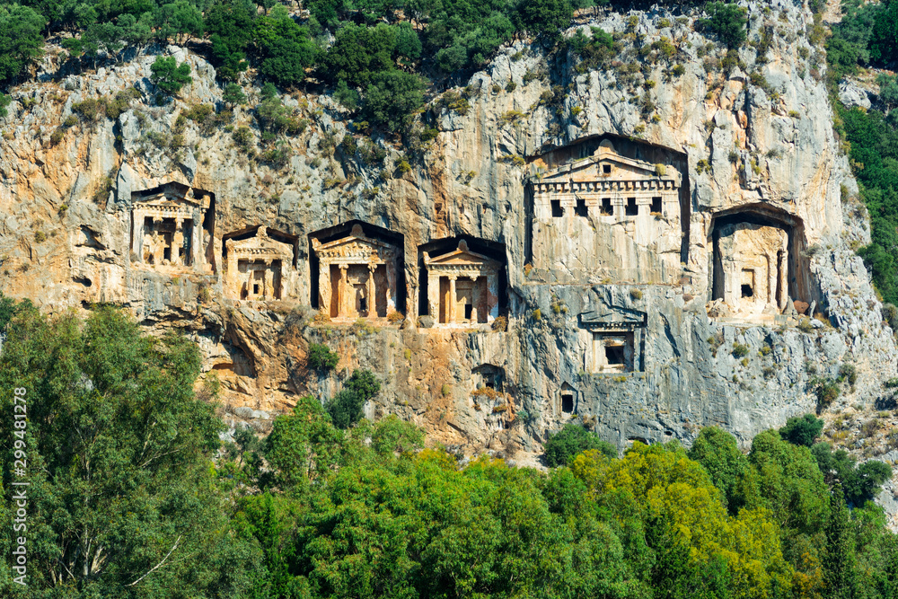 Beautiful view of ancient Lycian rock tombs on a sunny day. Dalyan. Turkey.