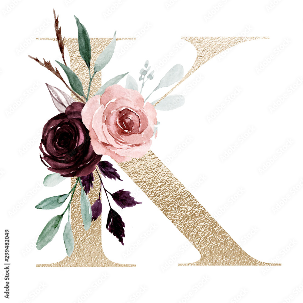 Floral alphabet, letter K with watercolor flowers and leaf. Gold