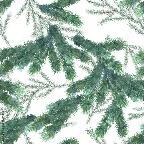 Watercolor pattern with green christmas tree branches. Winter nature seamless...
