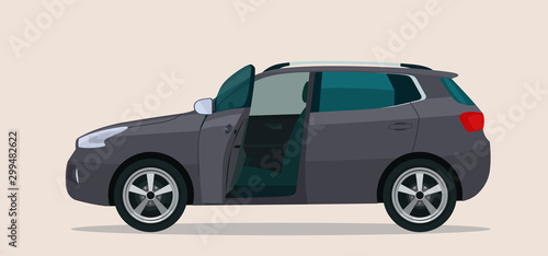 CUV car with an open driver s door. Vector flat style illustration.