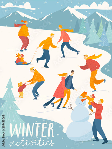 Christmas poster with people do winter activities