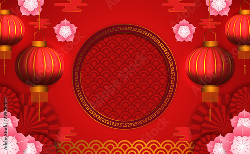 chinese new year. hanging red lantern. flower ornament and golden pattern