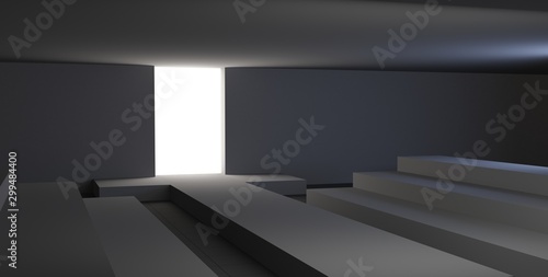 Hall, corridor with black walls and a podium. 3D render interior. Mockup