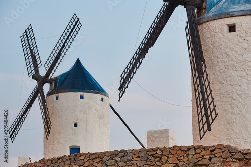 Traditional antique windmills at sunset in Spain. Consuegra, Toledo