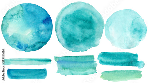 blue abstract watercolor splashes set, paint splashes on an isolated white background, hand drawn