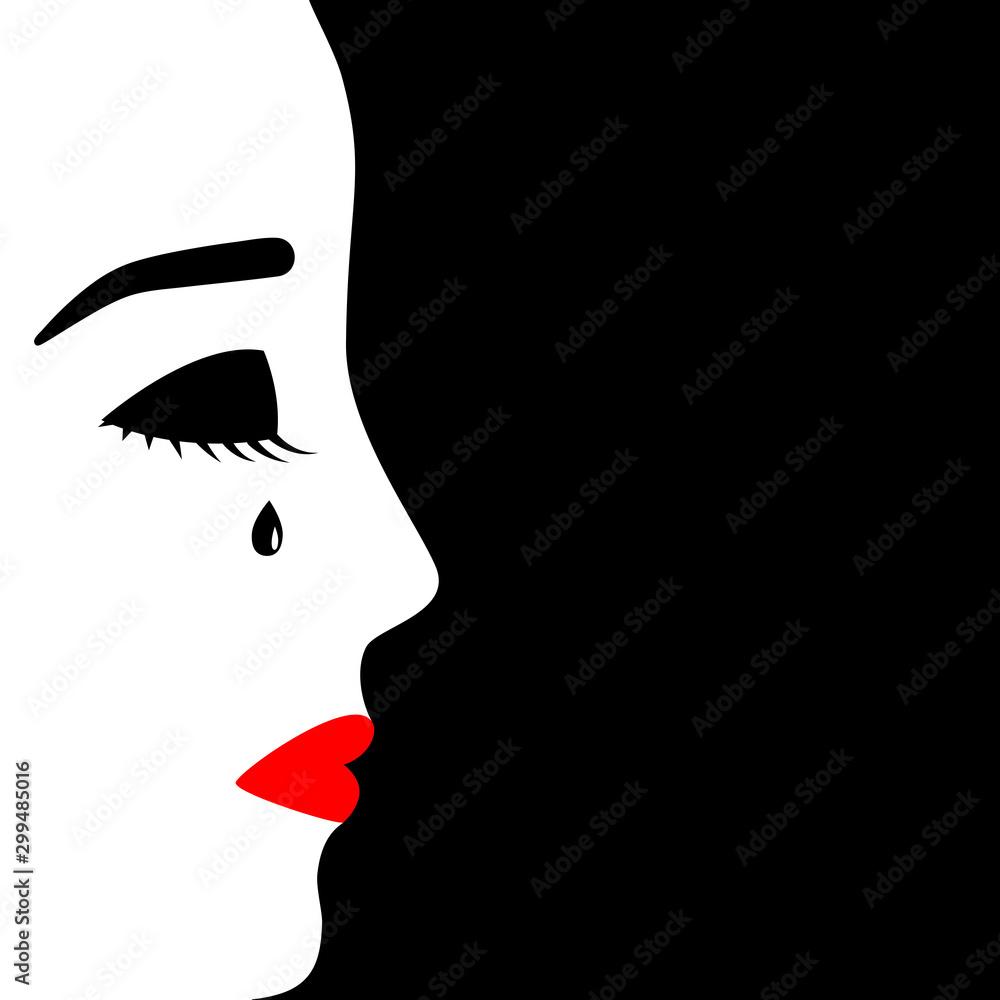 Face of young crying girl, profile view. Depressed mood, frustration, grief, melancholy