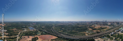 Aerial shot overlooking the city skyline and rail transit landscape panorama