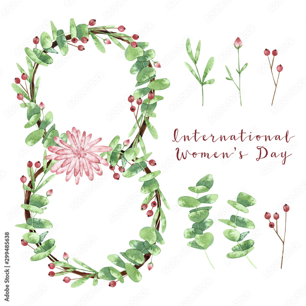 Watercolor 8-shaped wreath with flowers, berries and eucaliptus. International Women's Day. 8 March. Perfect for greeting card, invitation, wrapping paper, print