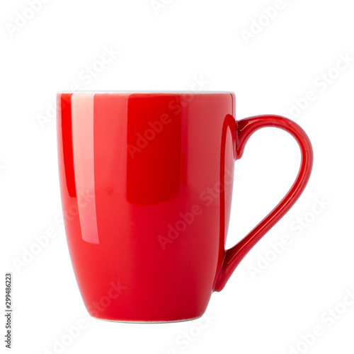 Empty red coffee cup isolated on white background, front view with clipping path.