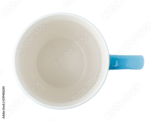Empty blue coffee cup isolated on white background, Top view with clipping path.