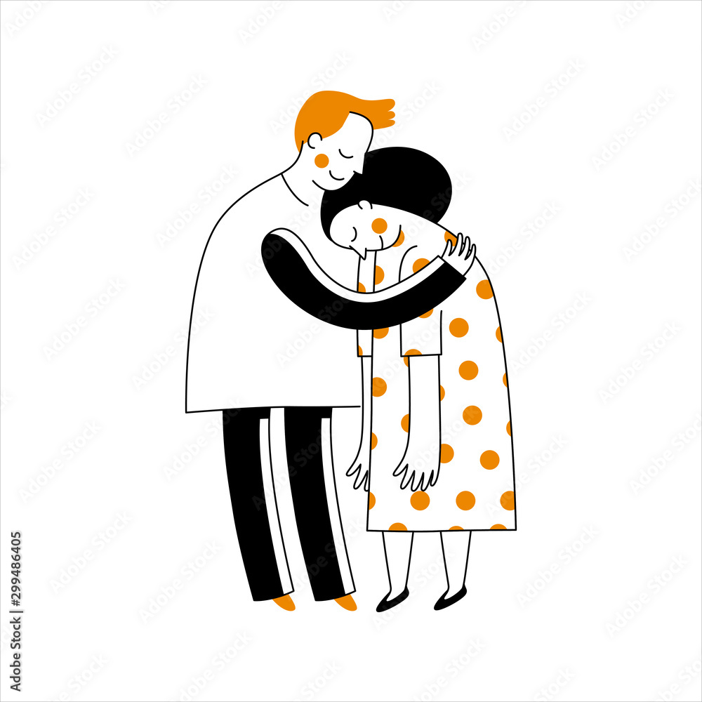 Vector illustration in simple linear style with cute characters - happy couple in love