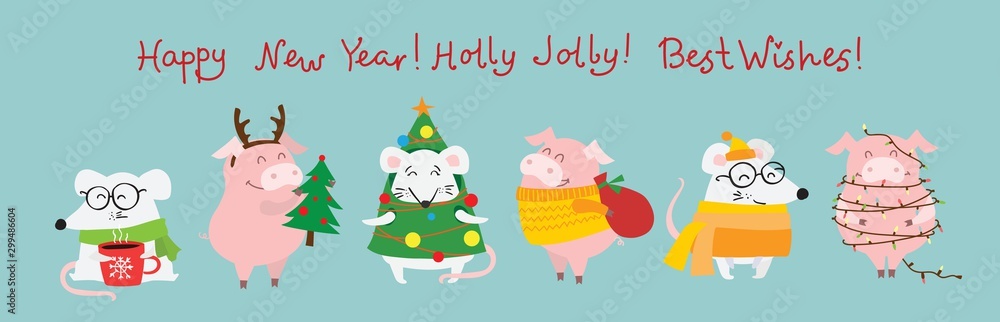 Vector illustration of christmas cats, rats and dogs with Christmas and new year greetings. Cute pets with holiday hats Vector illustration of christmas cats, rats and dogs with Christmas and new year greetings. Cute pets with holiday hats