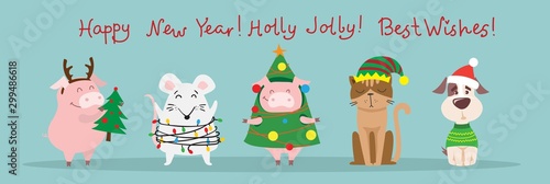 Vector illustration of christmas cats, rats and dogs with Christmas and new year greetings. Cute pets with holiday hats