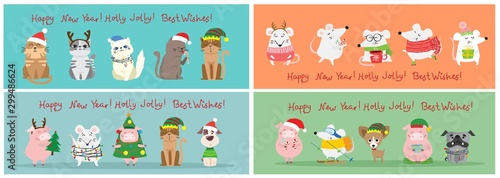 Vector illustration of christmas cats, rats and dogs with Christmas and new year greetings. Cute pets with holiday hats