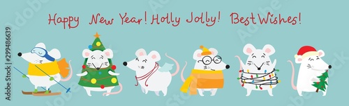 New year and Christmas card background with rats - symbol of the year. Simple illustration for the greeting card