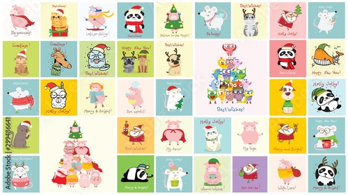 Vector illustration of christmas cats, rats, pigs and dogs with Christmas and new year greetings. Cute pets with holiday hats