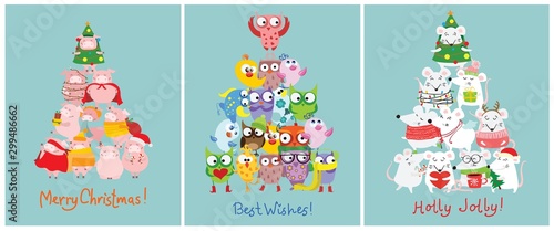 We wish you a Merry Christmas and a happy New Year. Cute holiday cards with cute rats, birds and pigs in vector. Bright cartoon background with animals christmas tree