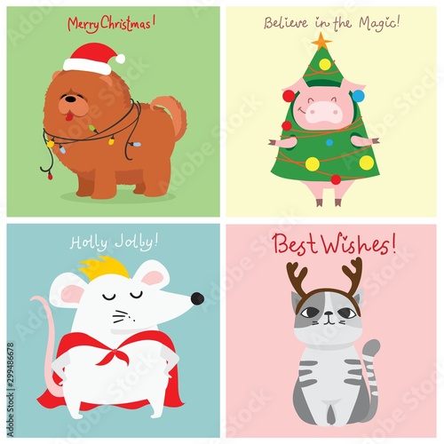 Vector illustration of christmas cat, rat, pig and dog with Christmas and new year greetings. Cute pets with holiday hats