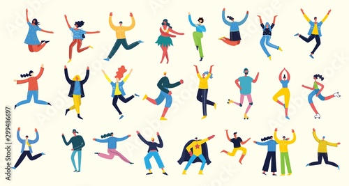 Bundle of cartoon men and women performing activities. Flat colorful vector illustration people walking,standing, talking, running, jumping, sitting, dancing