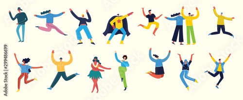 Concept of young people jumping and dancing on the light background. Stylish modern vector illustration card with happy male and female teenagers