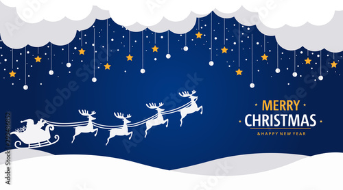 Flat Christmas vector background with santa claus ridding sledge