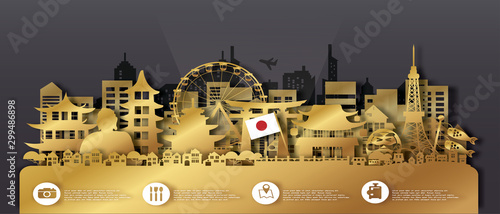 Japan Travel postcard panorama, poster, tour advertising of world famous landmarks in paper cut style.
