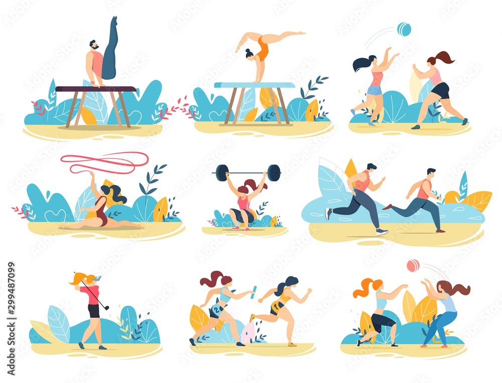 Professional Sportive People Performing Flat Set Professional Sportive People Performing Flat Set