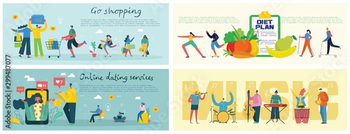 Go shopping, Online dating services, Music and Healthy lifestyle and weight loss banner in the flat design