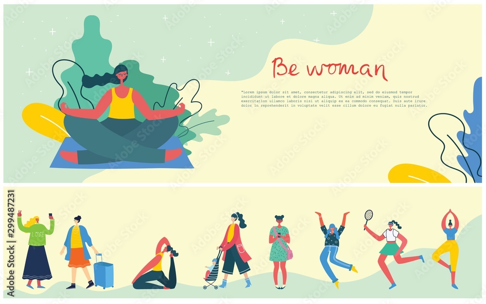 Concept of women unique background. Stylish modern vector illustration card with happy female woman and hand drawing quote Be unique Concept of women unique background. Stylish modern vector illustration card with happy female woman and hand drawing quote Be unique