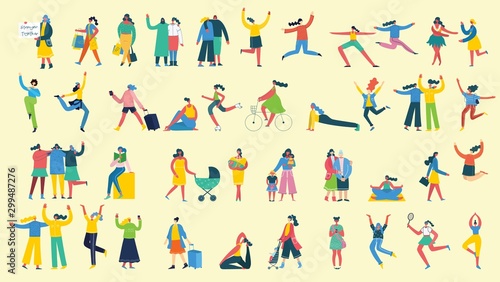 Colorful vector illustration concept set of different activities of women for Happy Women's internarional day cards, posters and banners . Group of happy female friends, mothers in flat design