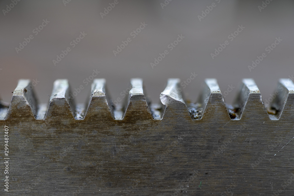 Macro of gear drive shaft and rack with broken teeth Macro of gear drive shaft and rack with broken teeth