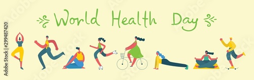 Vector illustration concept flat design of men and women doing sport and healthy lifestyle background - World Health Day