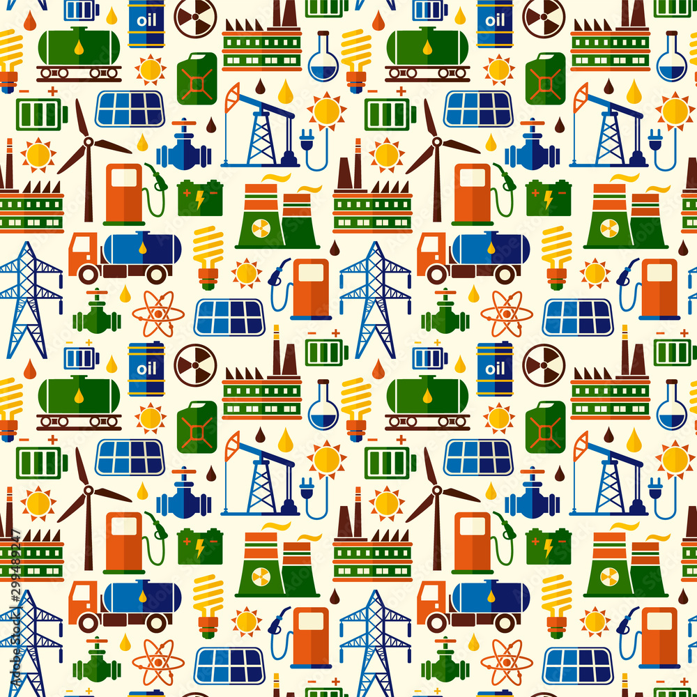 Energy, electricity, power industrial seamless vector background