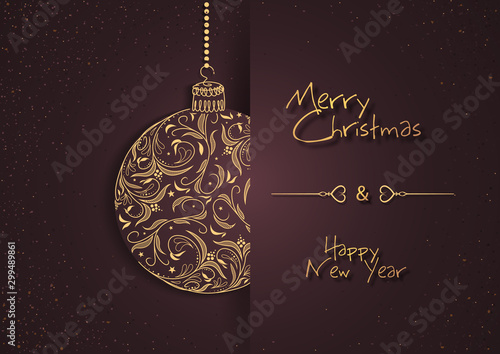 Abstract Christmas Greeting Card with Golden Floral Xmas Ball on Dark Brown B...