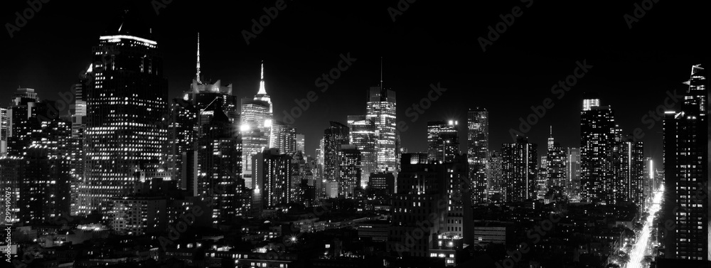 Panoramic night view of Midtown Manhattan and Hell's Kitchen, black and white
