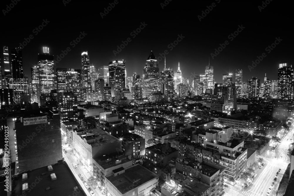 Night view of Midtown Manhattan and Hell's Kitchen, black and white
