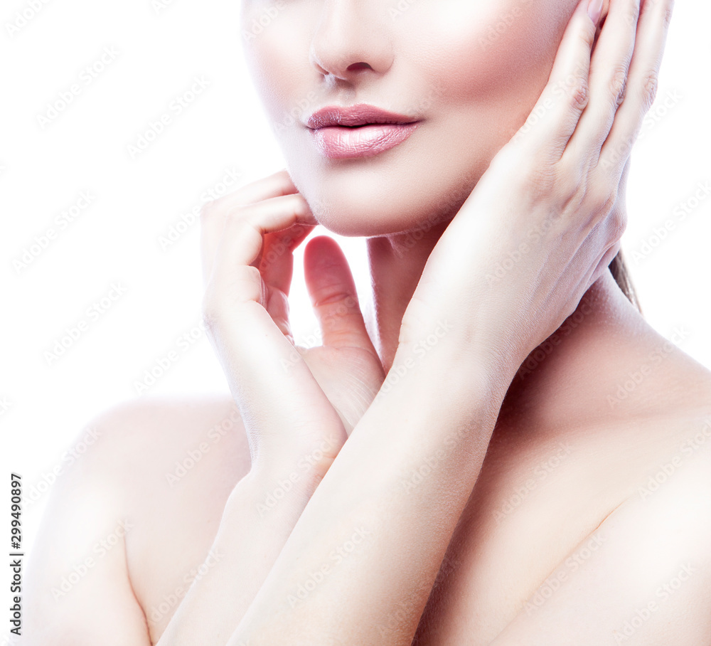 Fototapeta premium Part of beauty woman face with lips, shoulder and hand with clean skin and natural make-up.