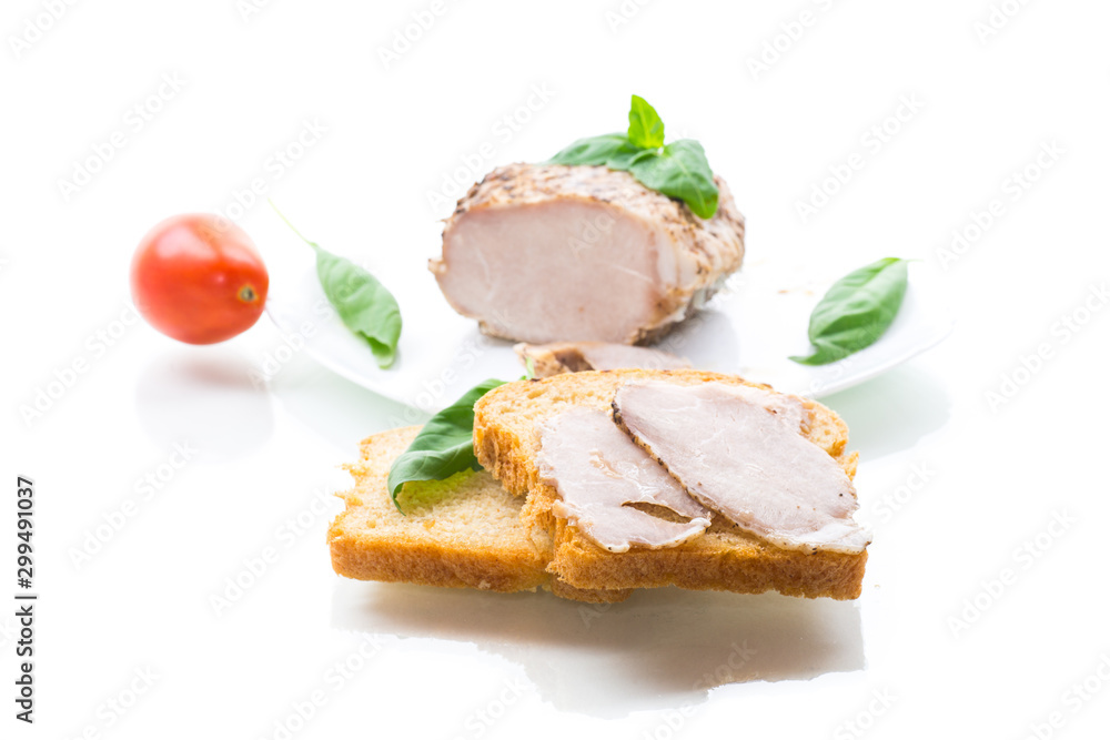 sandwich with home baked meat isolated on white