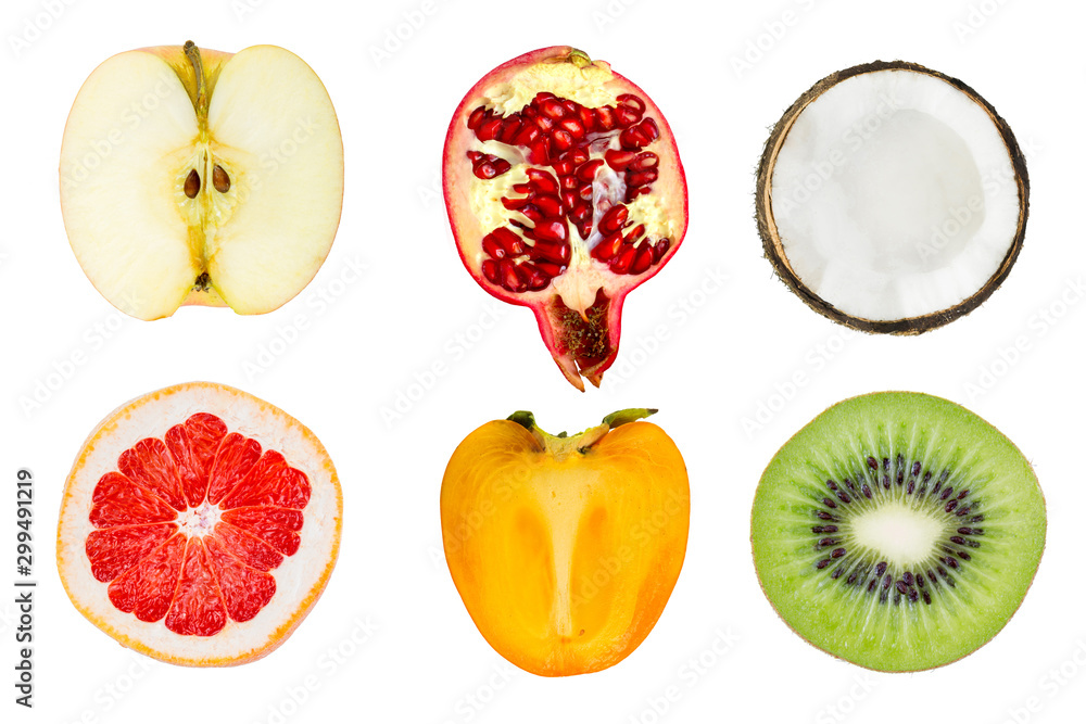 Cut out fruit slices collection isolated on white background.