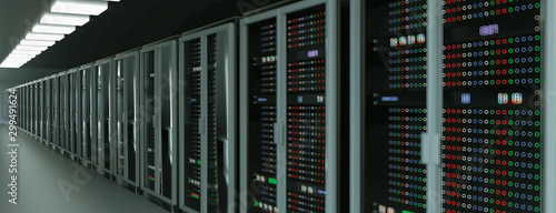 Server room data center. Backup  mining  hosting  mainframe  farm and computer rack with storage information. 3d render