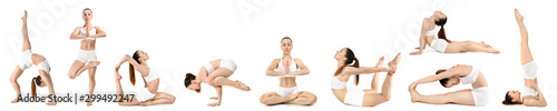 Collage with sporty woman practicing yoga on white background