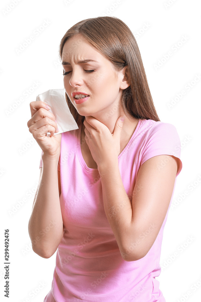 Young woman suffering from allergy on white background Young woman suffering from allergy on white background